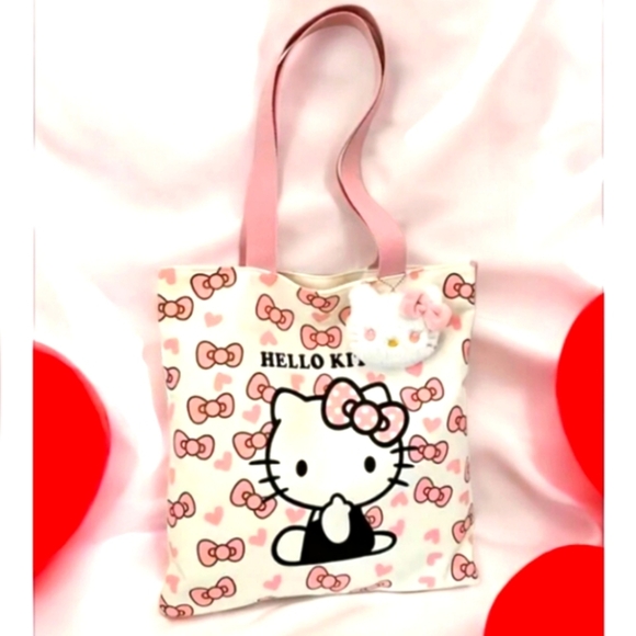 NEW Hello Kitty Canvas Hearts & Bows Tote - Picture 1 of 5